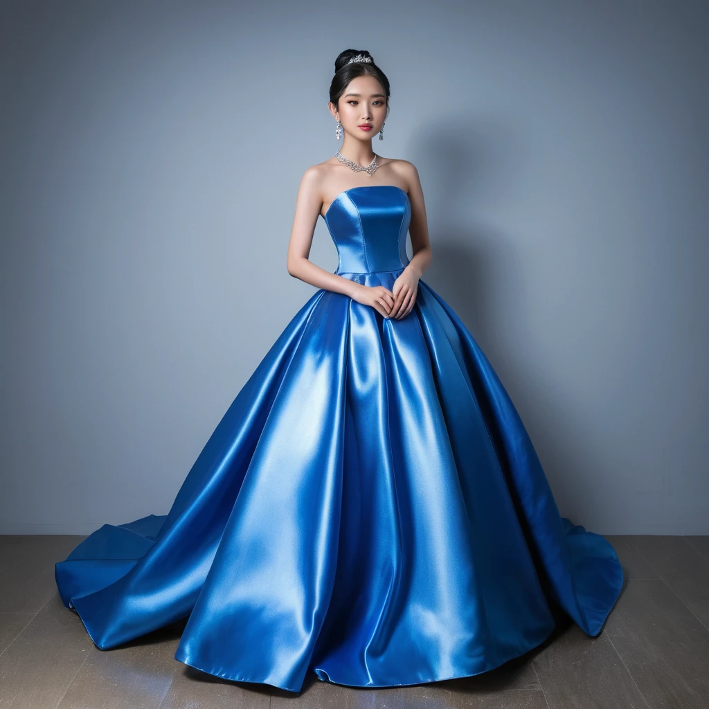 Young Japanese woman in a shining blue strapless prom gown
