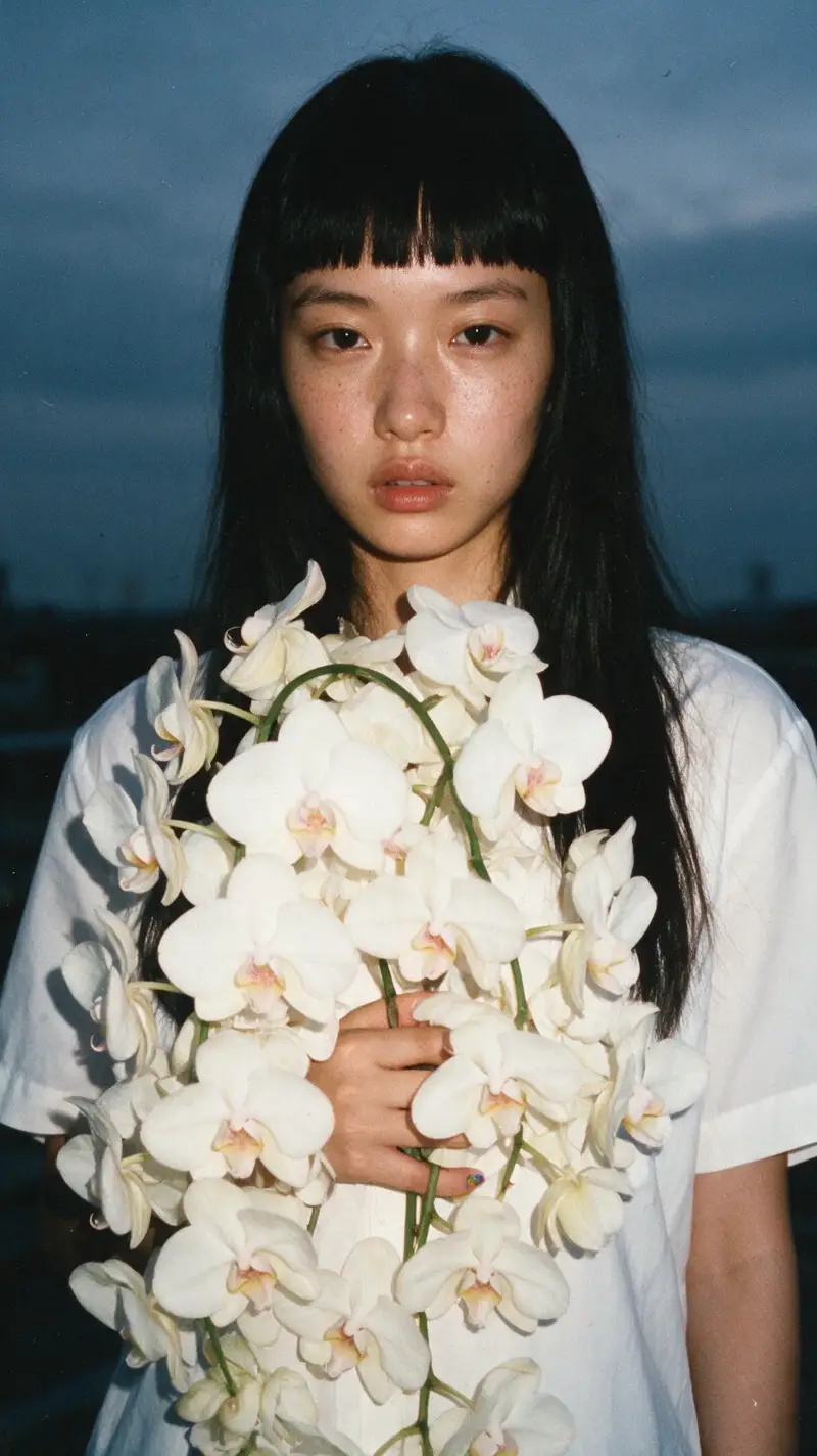 Giovane donna con orchidee bianche in un ritratto di moda all'aperto, dallo stile spontaneo