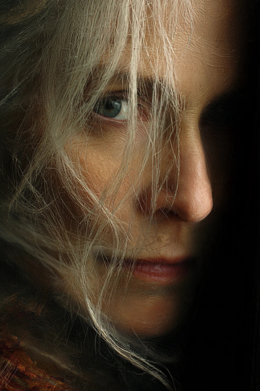 An elderly ash blonde woman in a richly colored oil painting