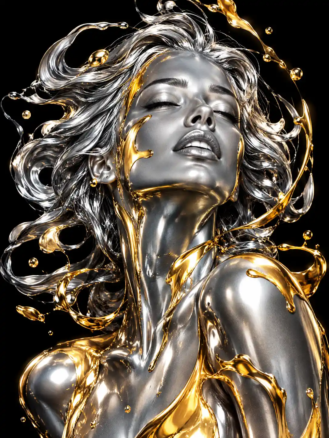 A liquid silver woman’s profile framed by flowing gold streaks
