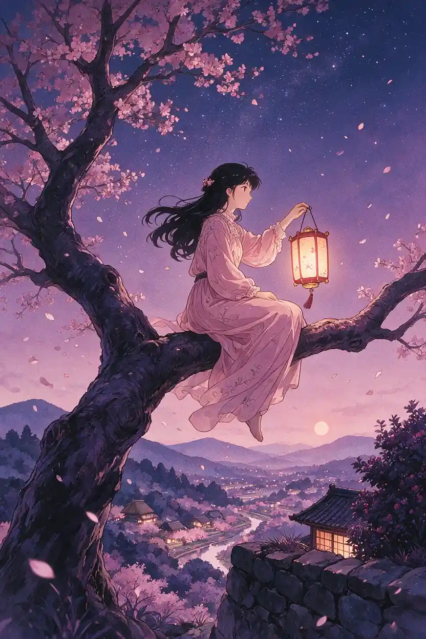 A young woman sits with a lantern on a cherry blossom branch