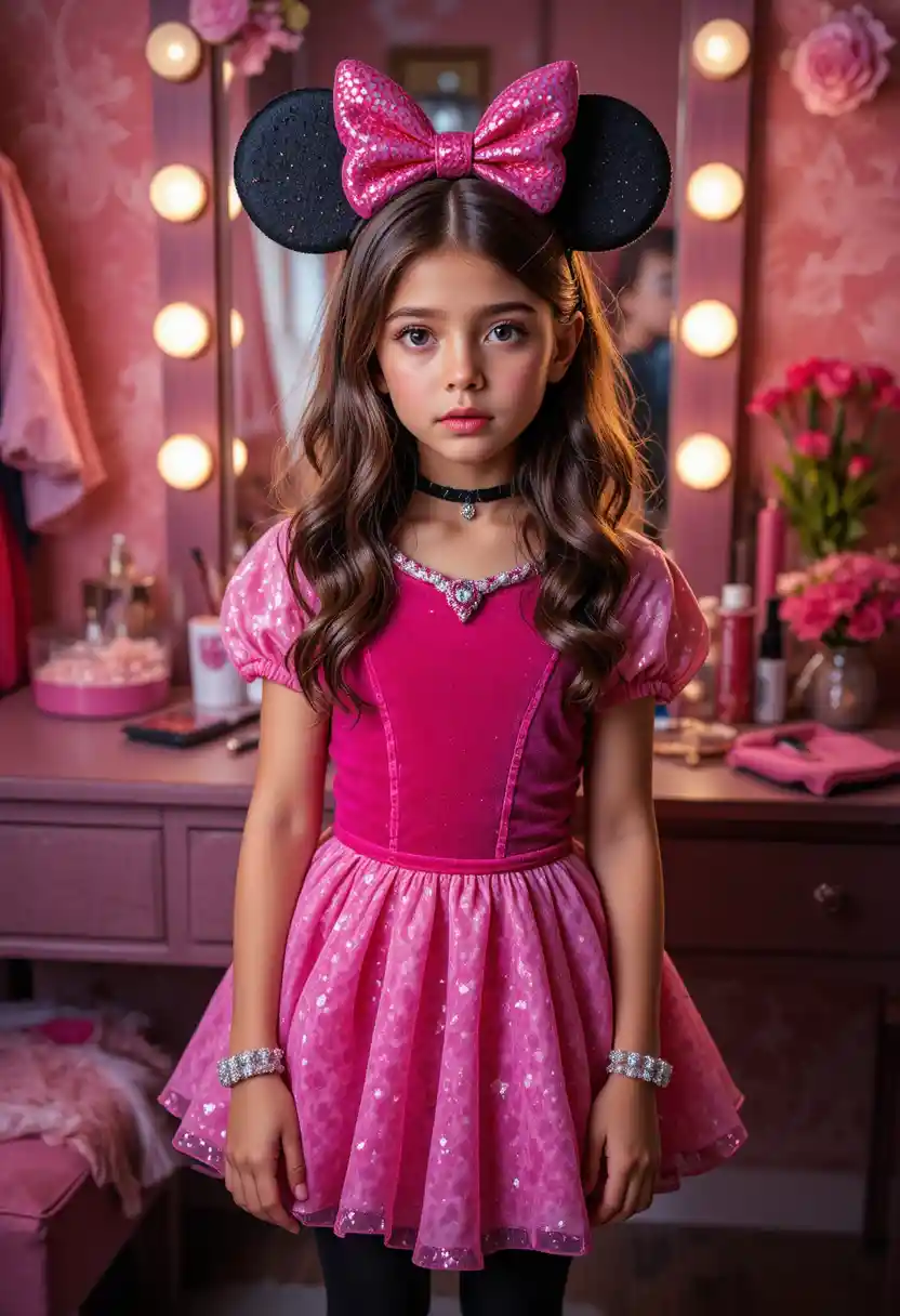 A nervous tween boy pouts in a princess Minnie Mouse costume before a vanity