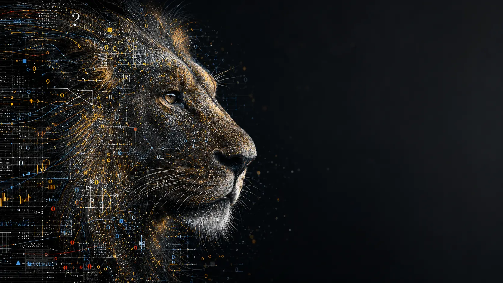 Un retrato de león formado por símbolos de datos fluidos sobre un fondo oscuro
