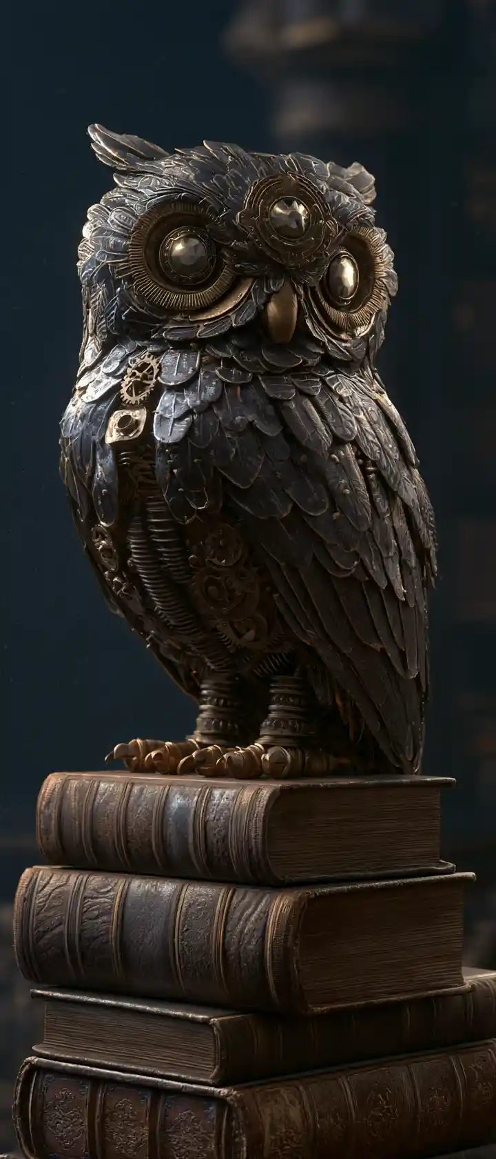 A clockwork owl perched above ancient books in a moonlit library