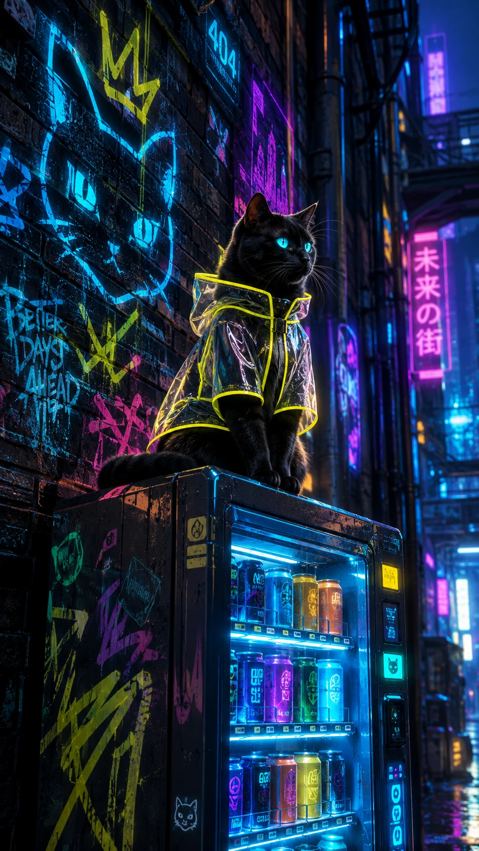 A black cat perches above a vending machine in a neon alley