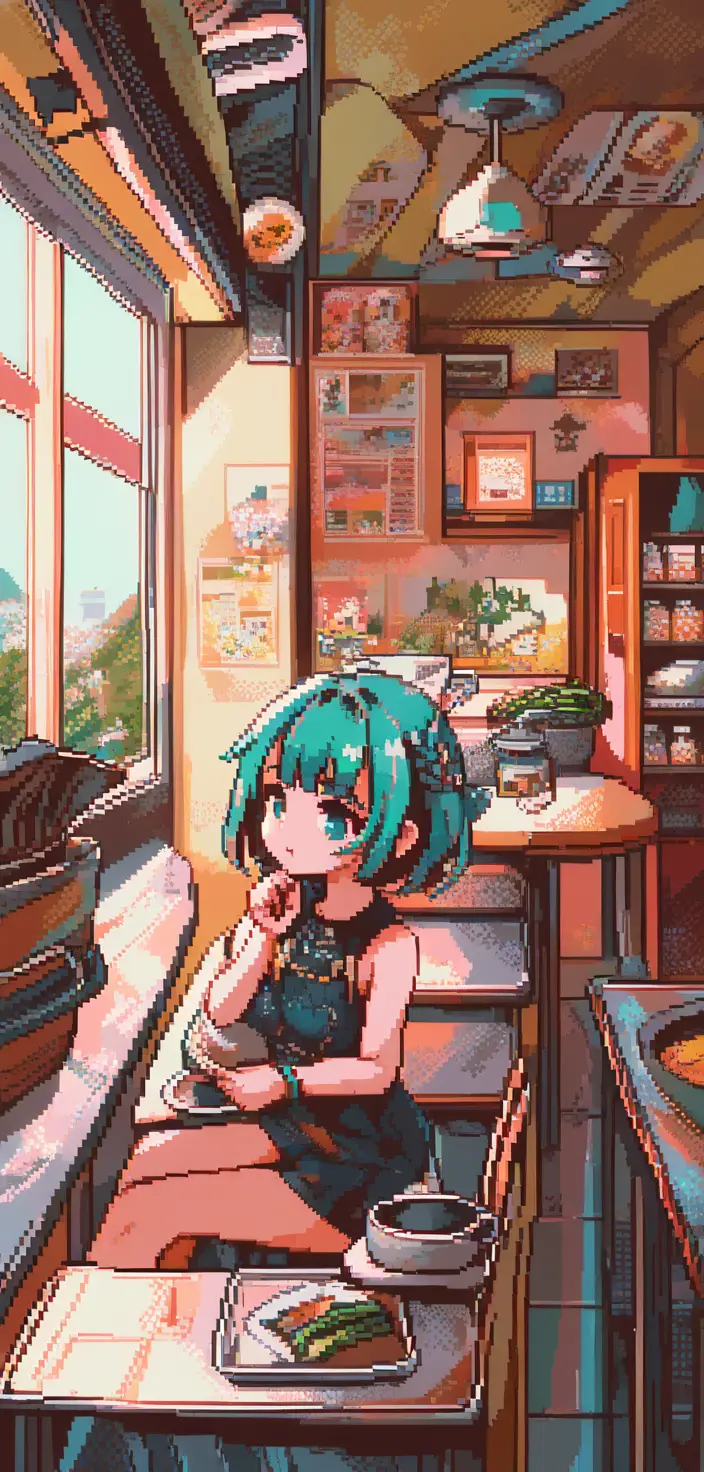 A girl sits in a pixel art cafe beside a text poster