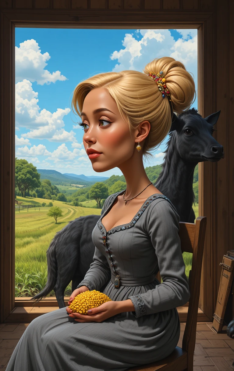A young woman prepares corn beside a black bull on a farm