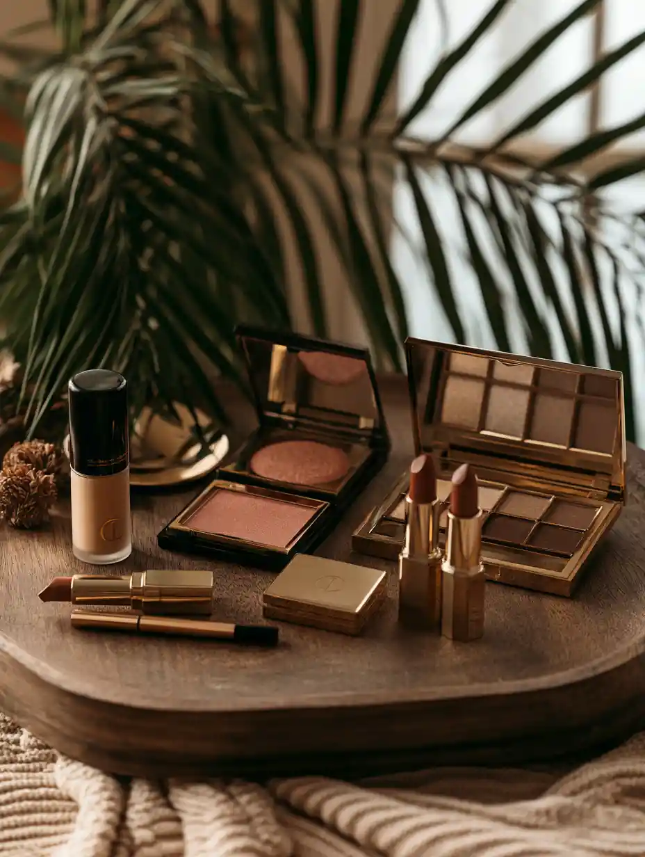 A makeup collection in warm shades and playful boutique packaging