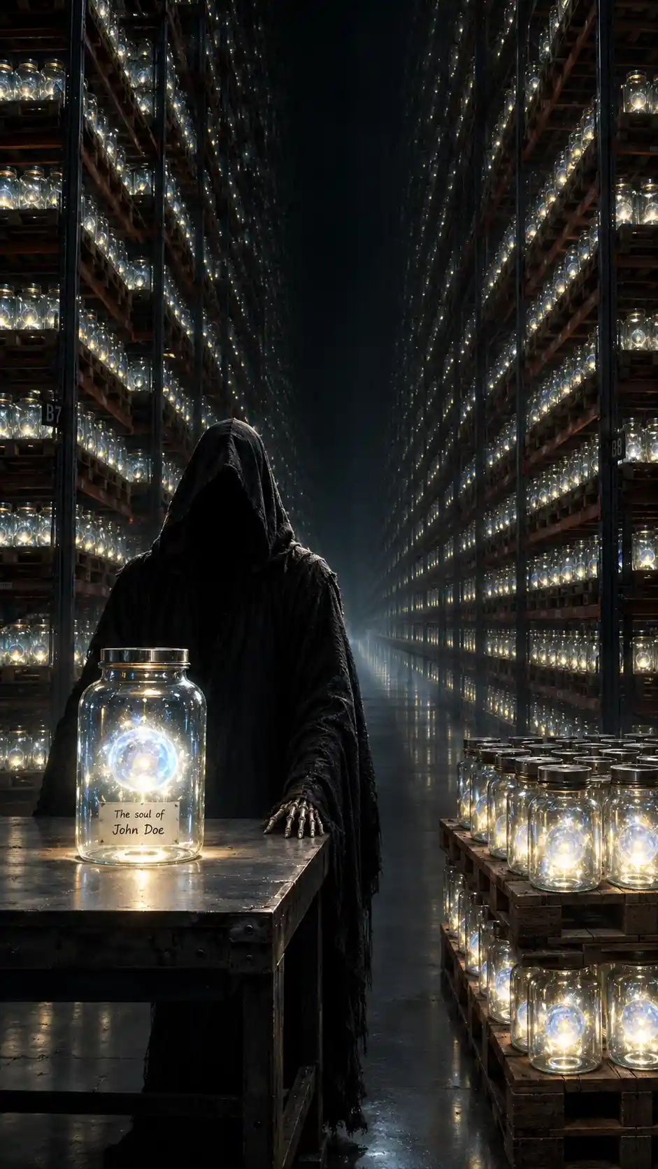 The Grim Reaper Guards a Glowing Soul Jar in an Endless Warehouse