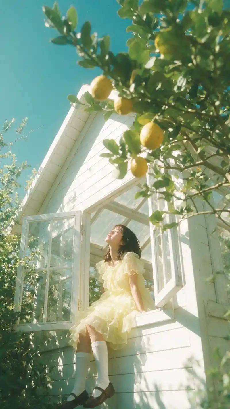 A young woman sits in a cottage window beneath summer sunlight