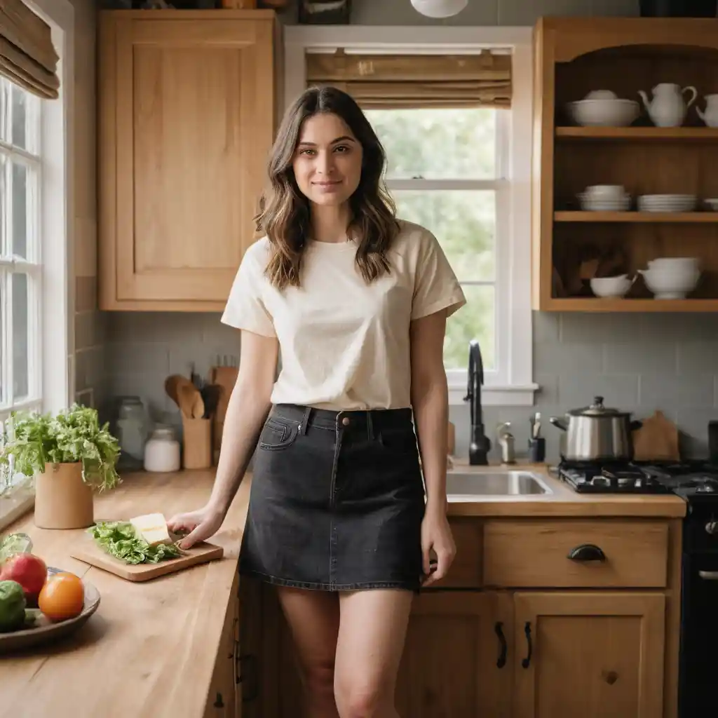 A woman prepares a simple lunch in a well-lit kitchen