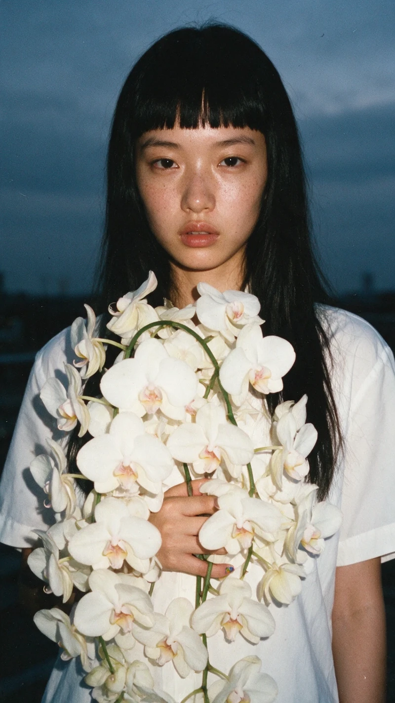 Young woman holding white orchids in a raw outdoor fashion portrait