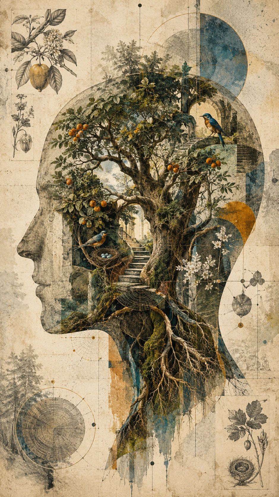An ancient tree unfolds within the silhouette of a human head
