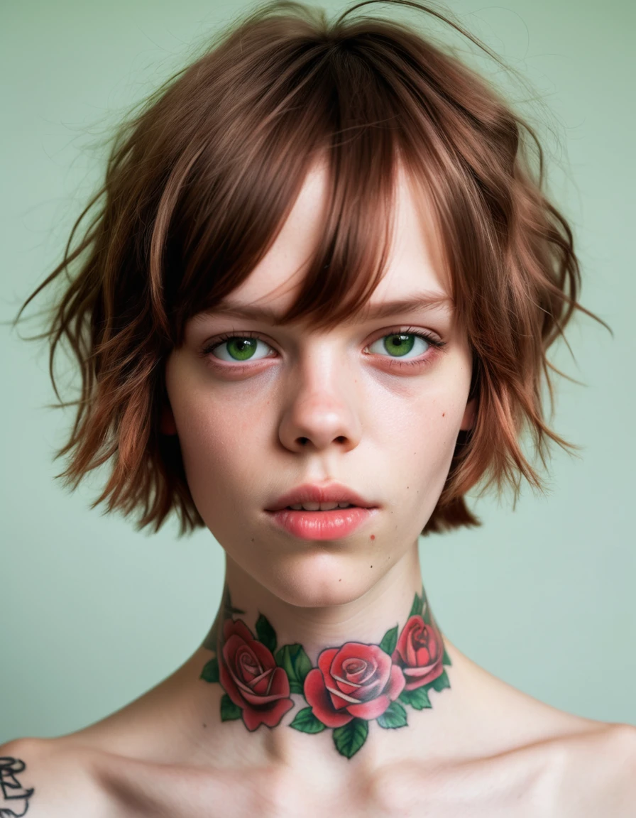 A young woman with short light red hair, green eyes, and a rose tattoo