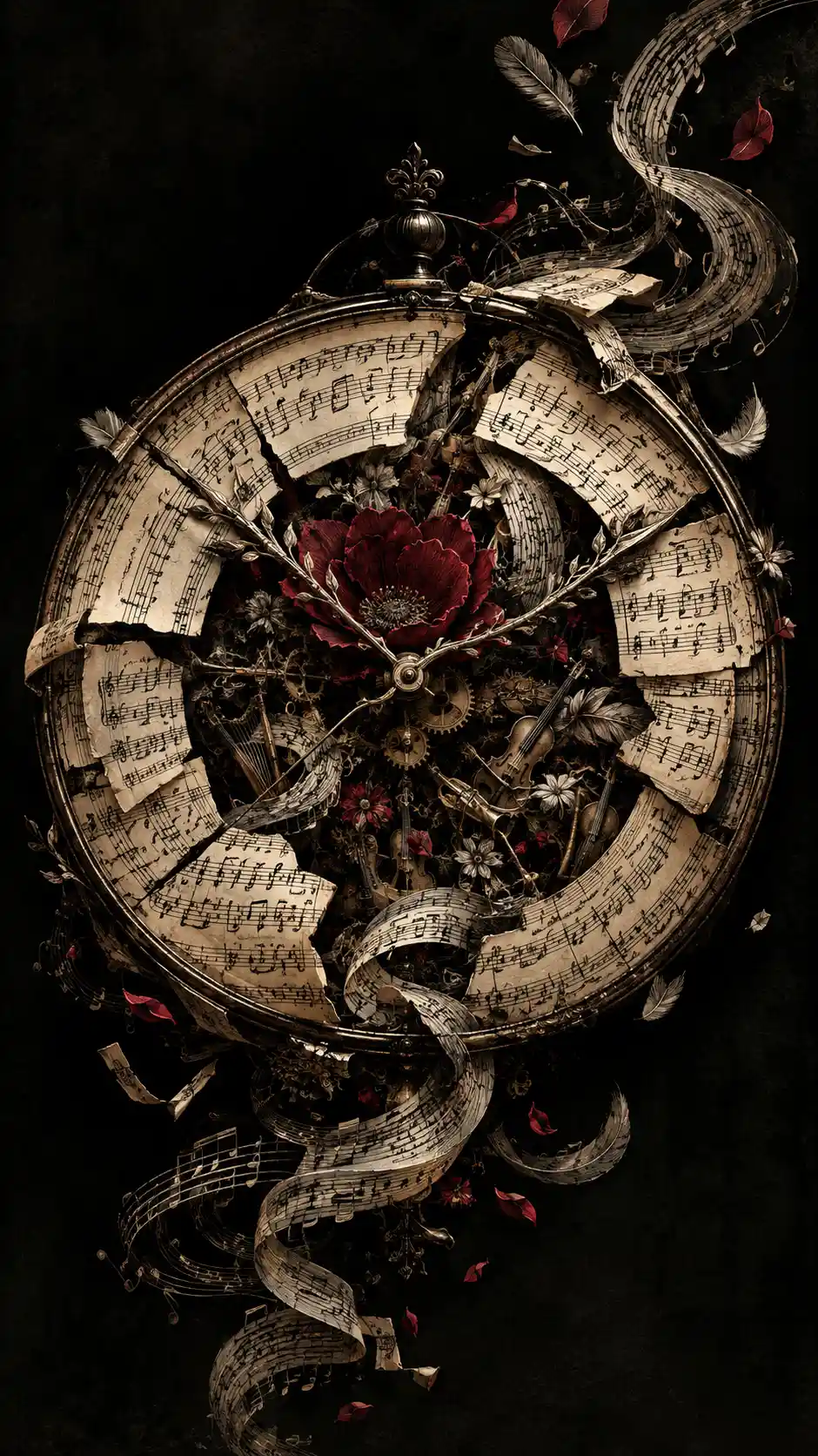 An antique clock floats in darkness, its face formed from handwritten musical notation