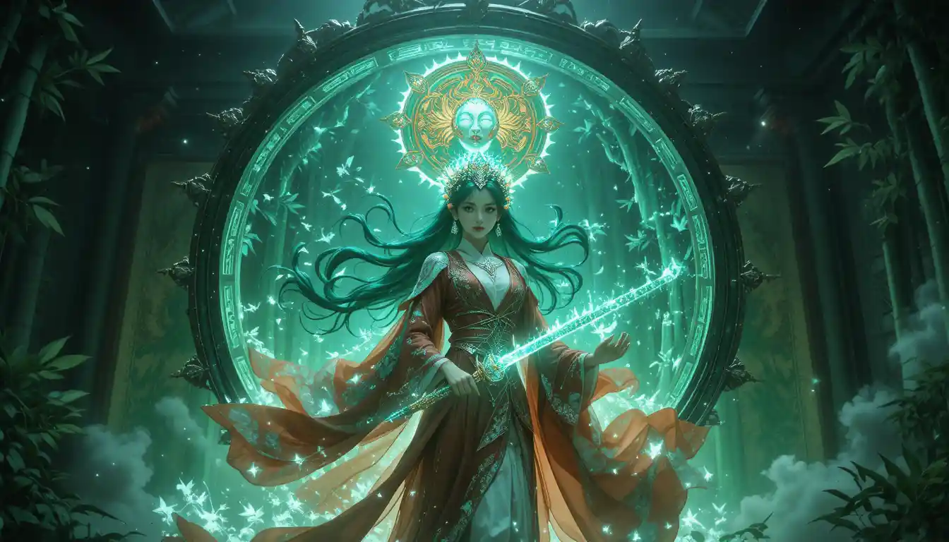 Una espadachina fantástica emerge de un antiguo pergamino de jade