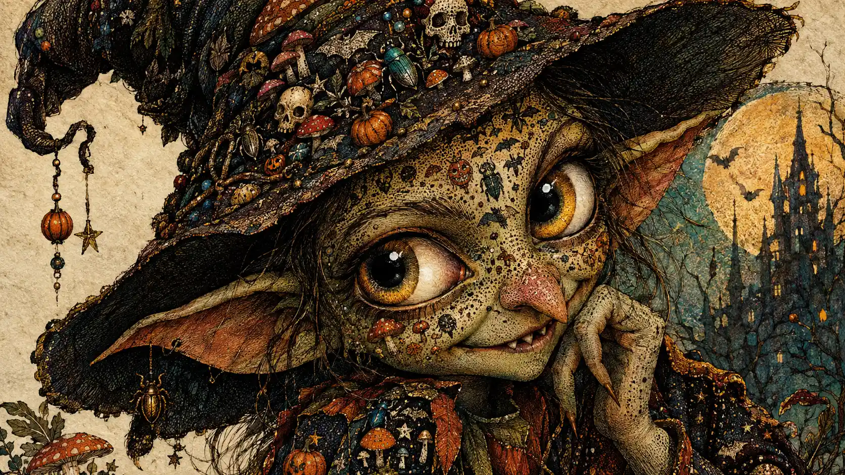 A mischievous goblin portrait built from tiny Halloween symbols