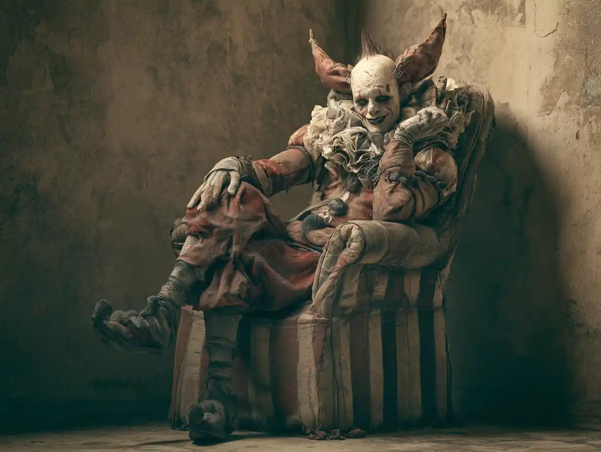 A smiling clown sits in a room corner, staring directly ahead