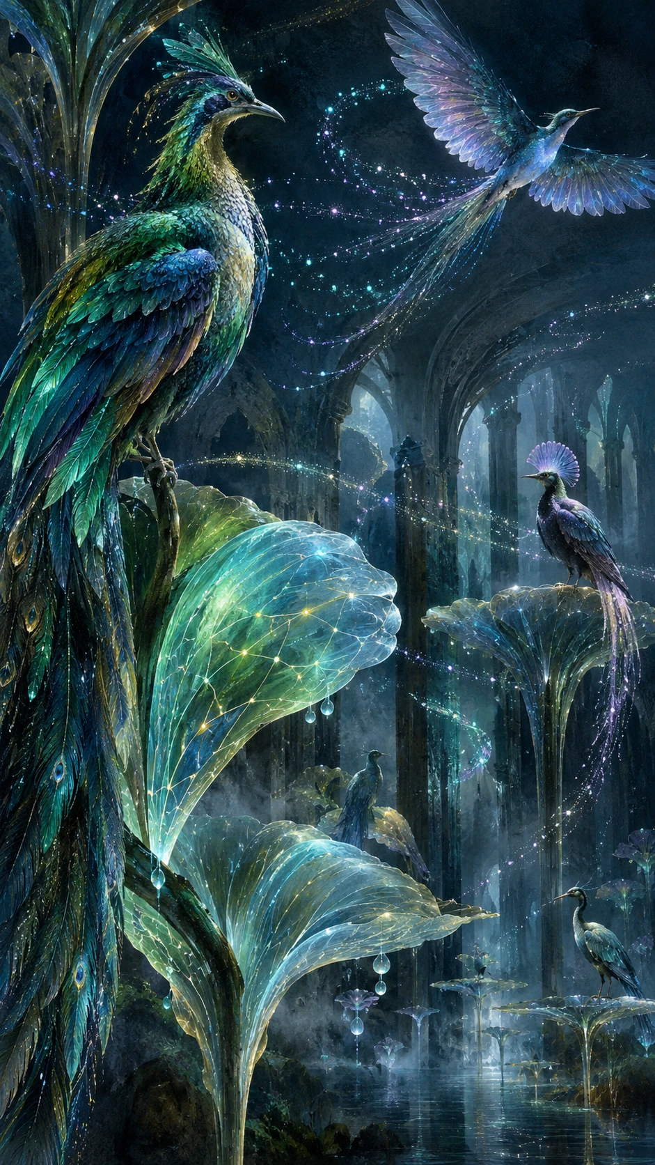 Fantastical birds perch among translucent plants in a nocturnal aviary