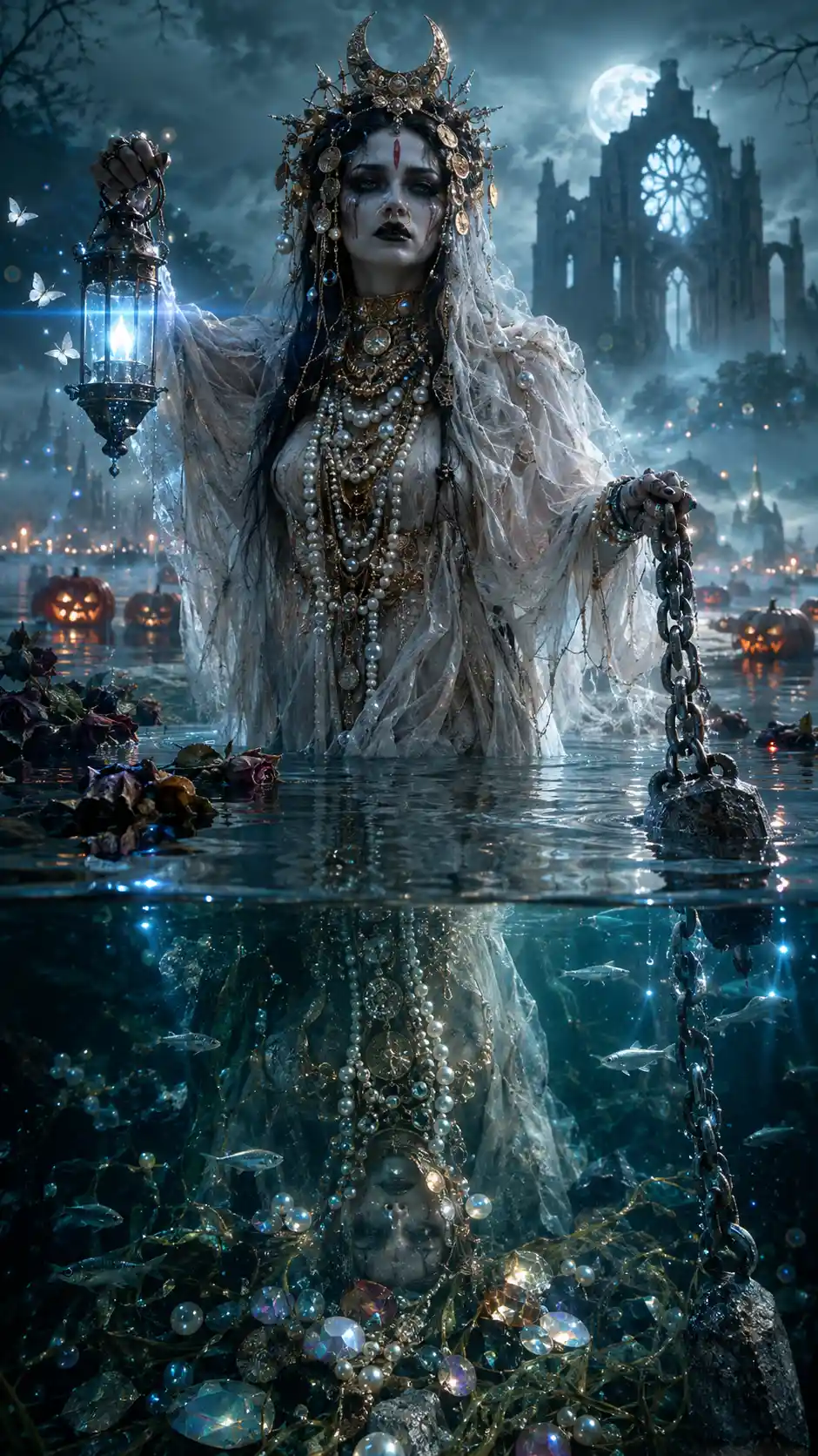 A Spectral Bride Wanders Through Winter Fog Beside a Mirrored Lake