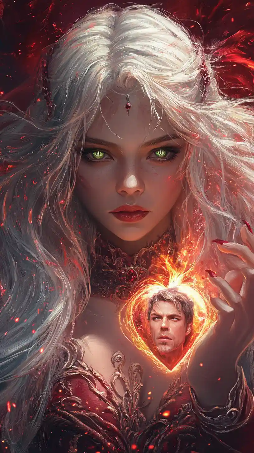 A female mage conjures a man's face within a glowing red heart