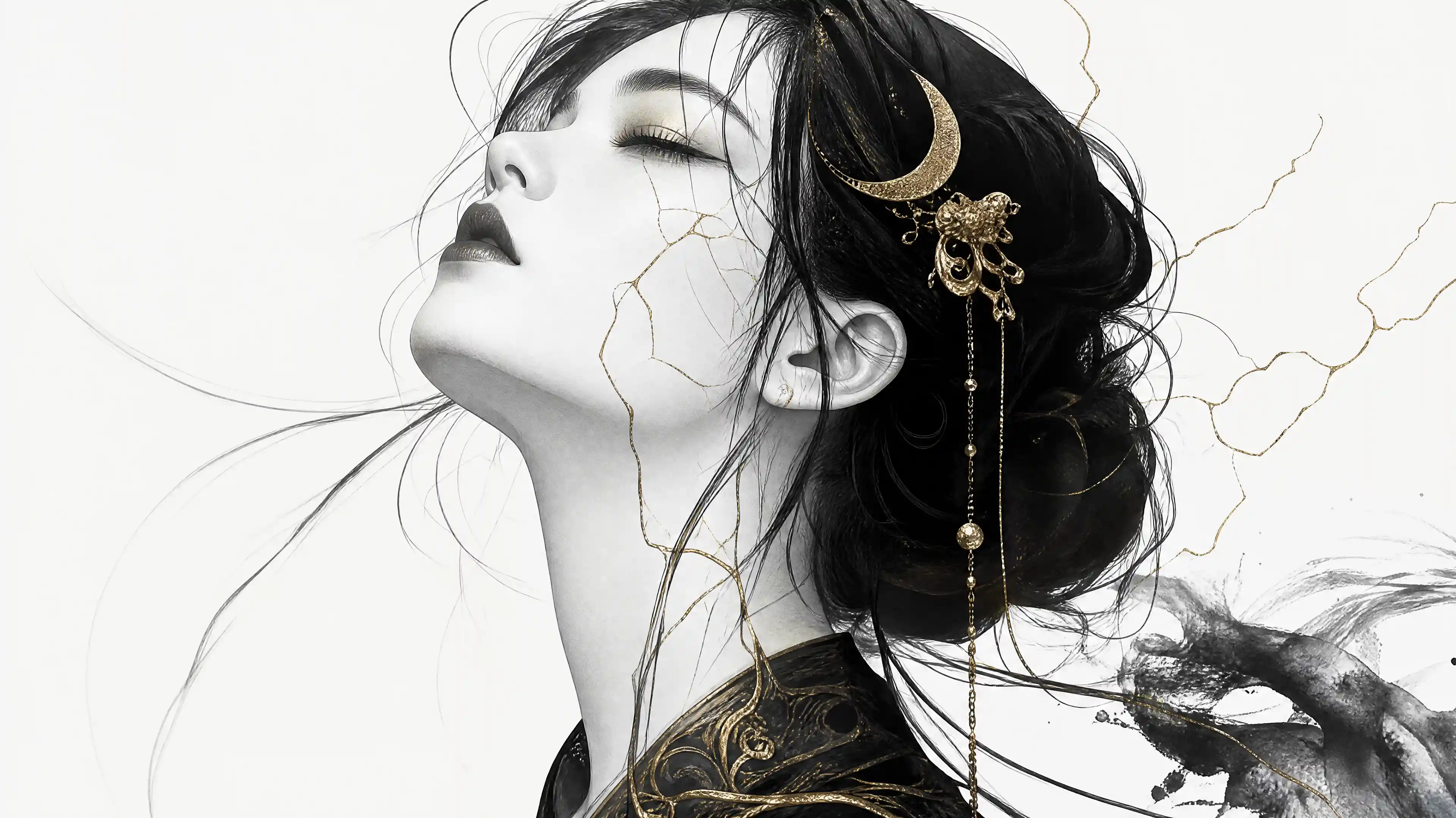 Women with Pale Skin and Gold Accents in a Monochrome Composition