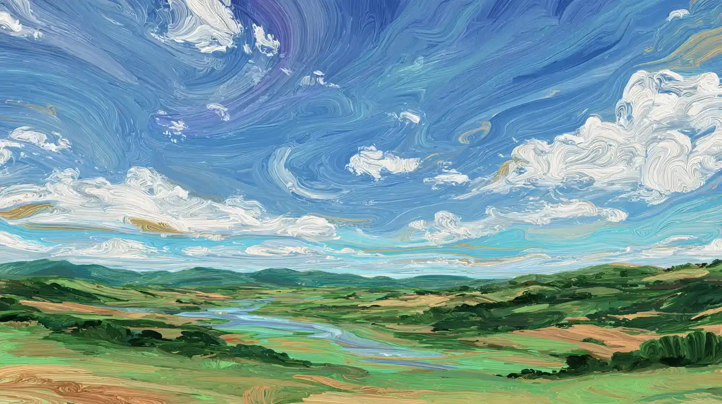 A Painted River Winds Through Green Lowlands Beneath Swirling Clouds