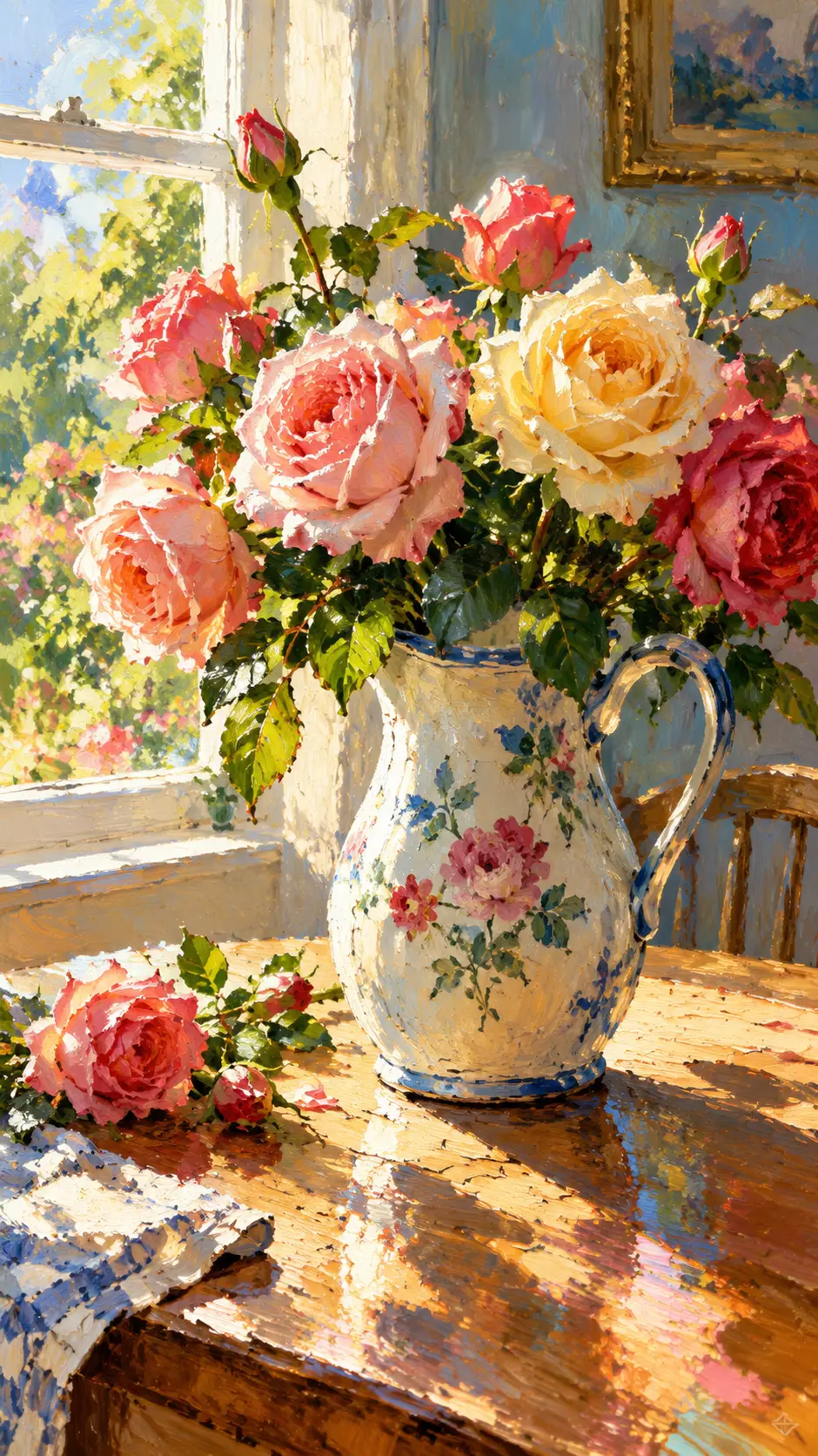 A rose bouquet spills from a vintage English pitcher