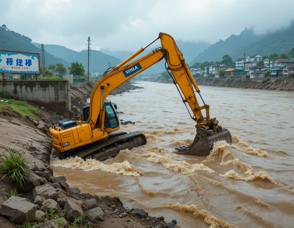 Una excavadora amarilla se desliza hacia las aguas turbias de la crecida junto a un río desbordado