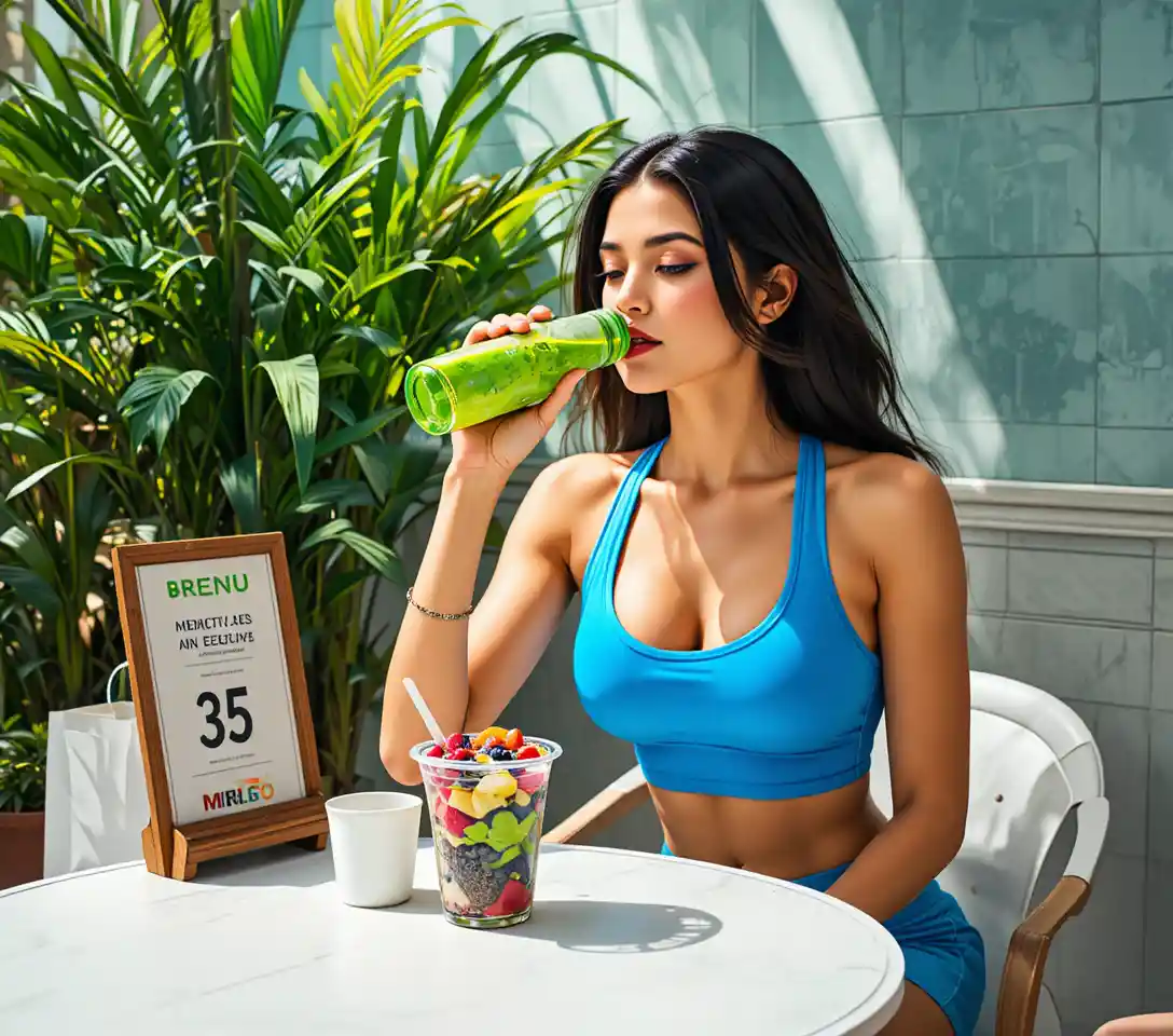 Una donna sorseggia una bevanda verde in un caffè all'aperto