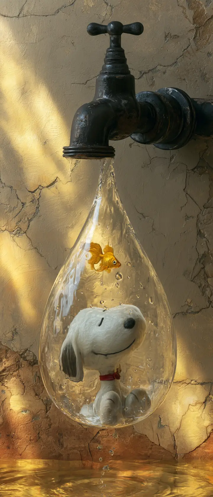 A Joyful Dog Smiles Inside a Hanging Water Droplet Beside a Goldfish