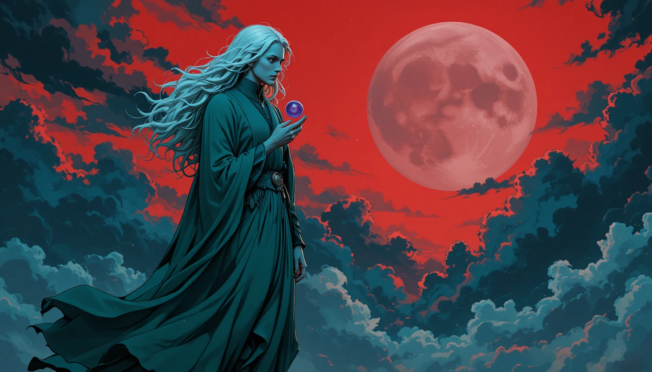 A Floating Figure Holds a Violet Orb Beneath a Red Moon