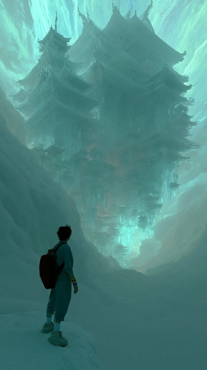 A silhouetted figure gazes up at a crystal palace above the clouds