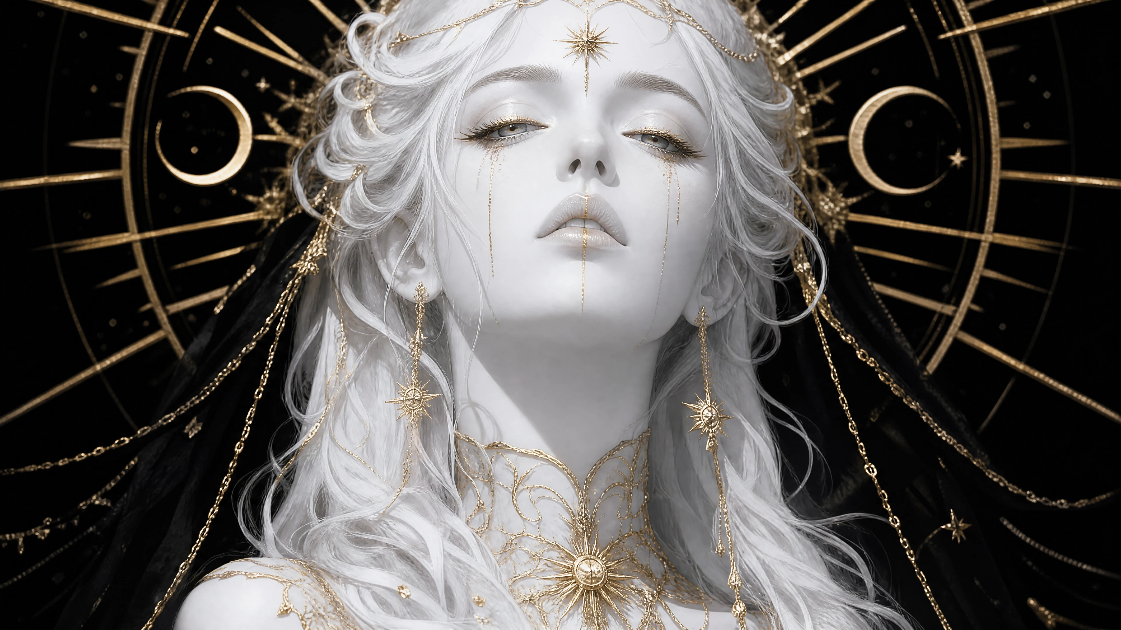 Women with Snow White Skin and Gold Accents in Monochrome