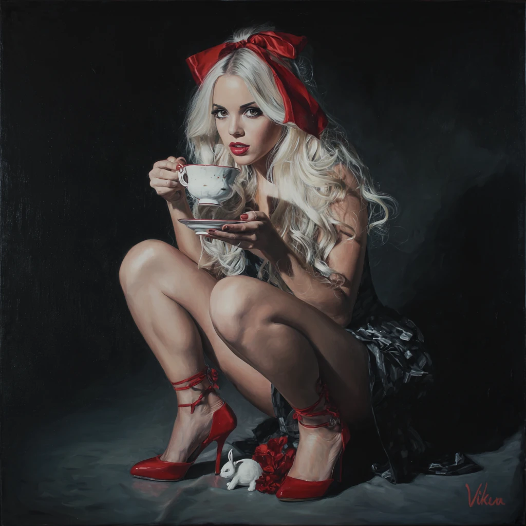 Una glamurosa mujer de estilo retro sostiene una taza de té en una pintura de cuento de hadas oscuro