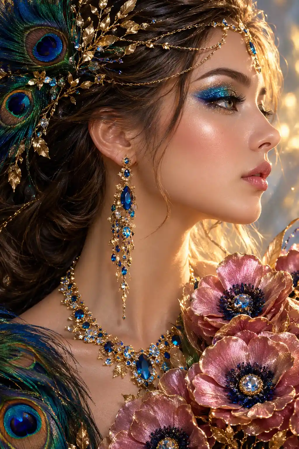 A Regal Woman In Profile Adorned With Gold And Peacock Feather Details