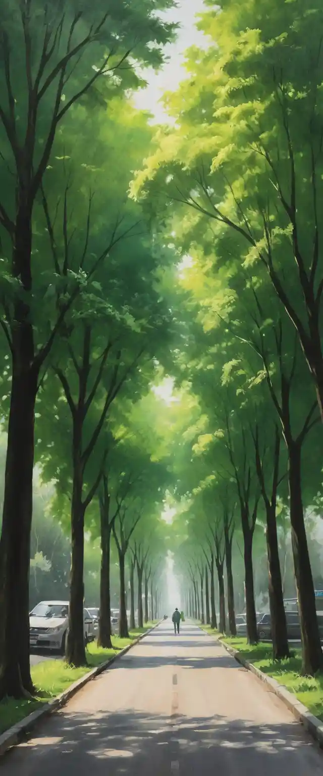 Large green trees line an urban road with walking silhouettes
