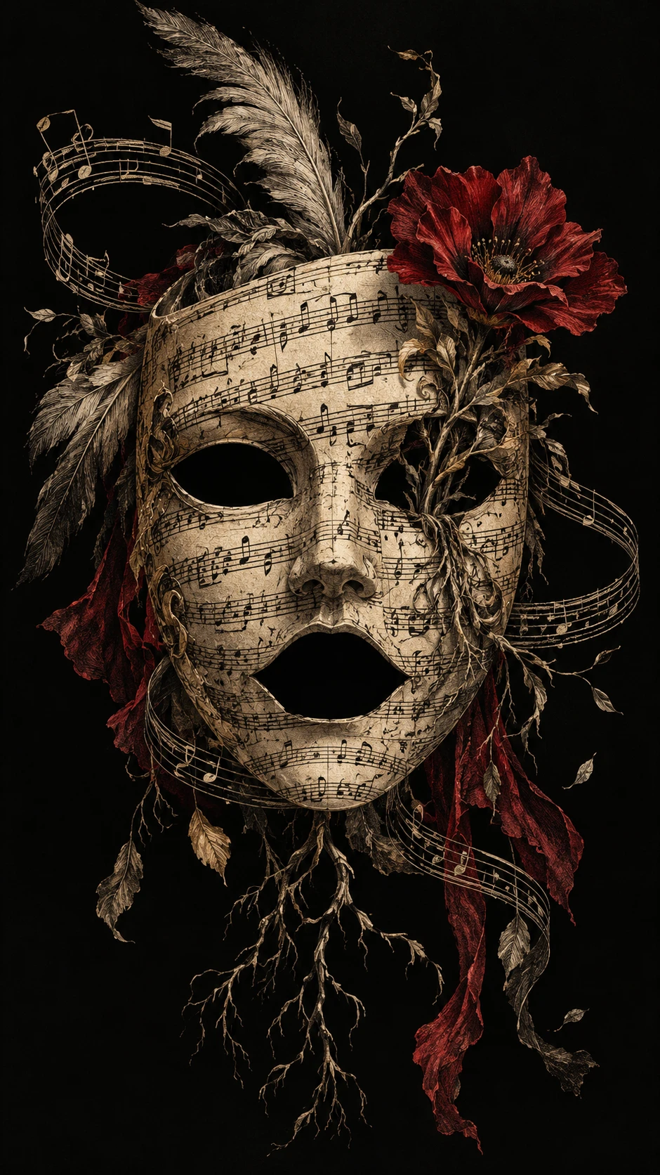 Una máscara teatral antigua formada por notación musical grabada