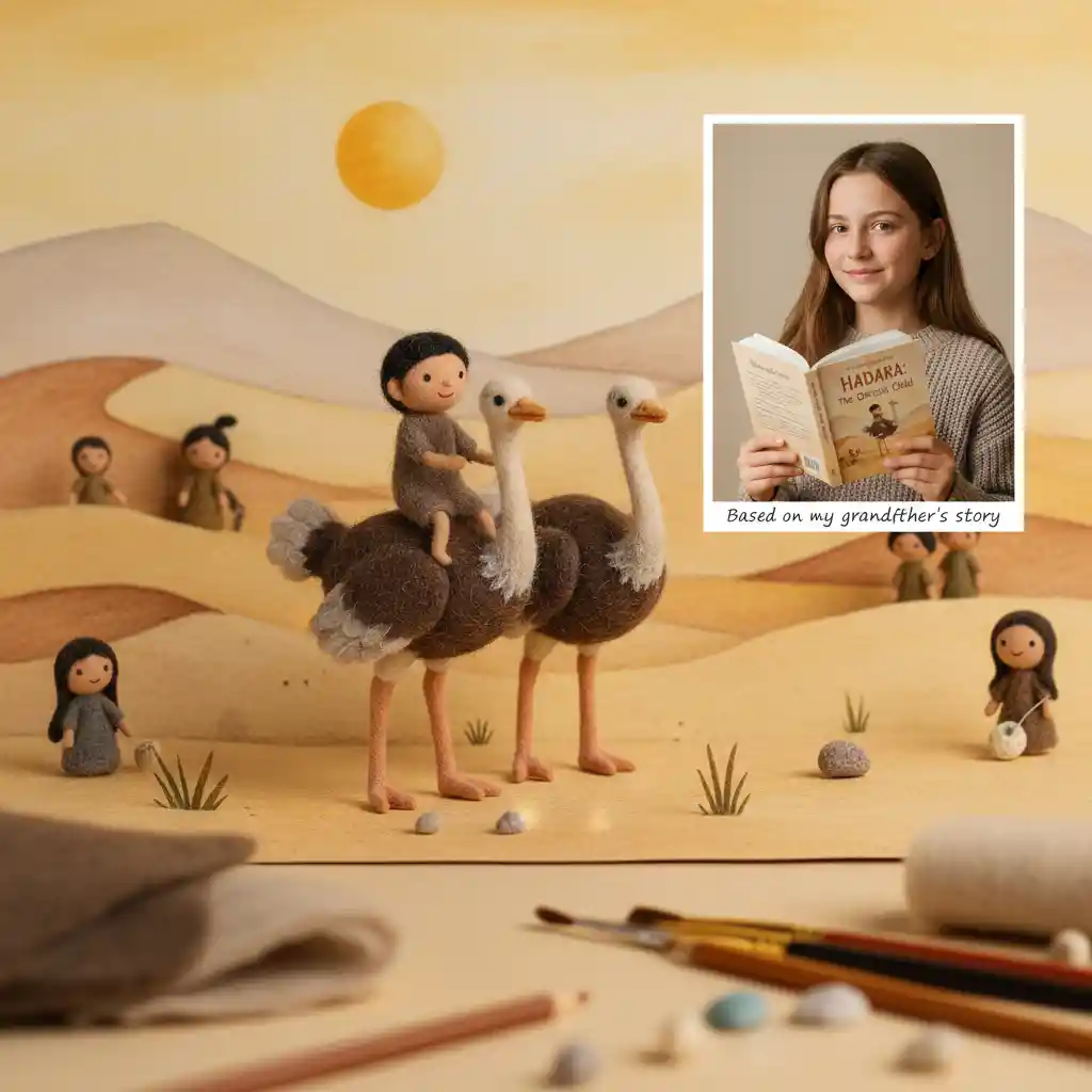 A nomadic child among ostriches in a vast desert landscape