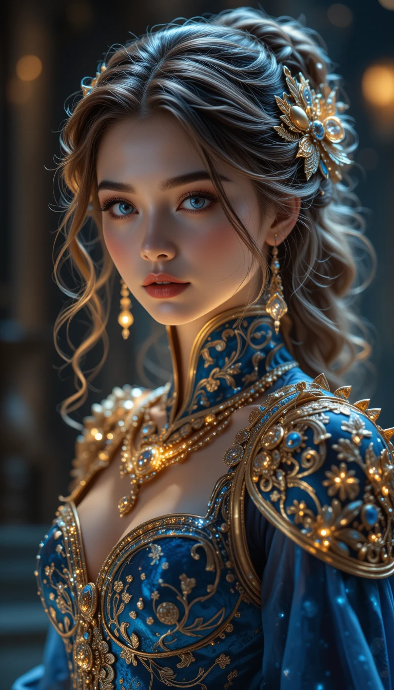 Uma mulher com armadura azul e dourada e adornos florais no cabelo