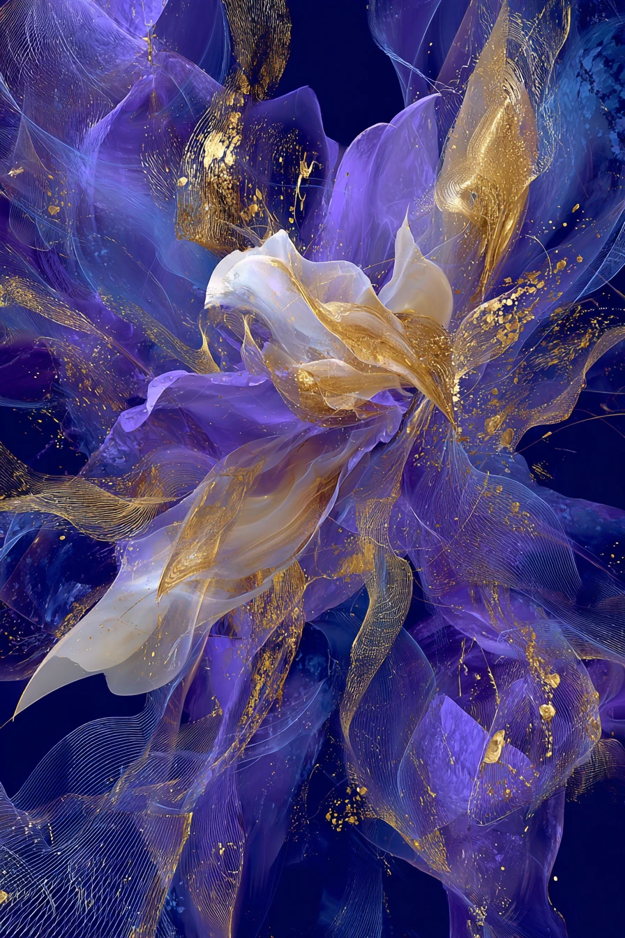 Abstrakte Kunst in tiefem Blau und Violett mit goldenen Akzenten