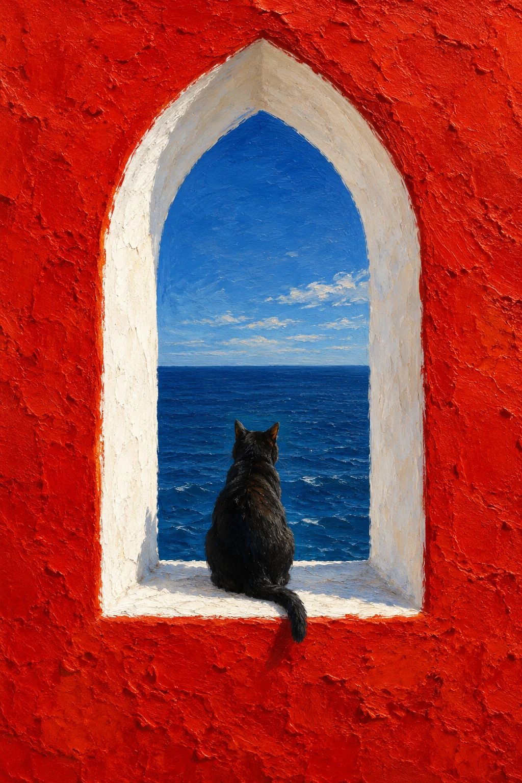 A black cat sits within a white arch overlooking the ocean