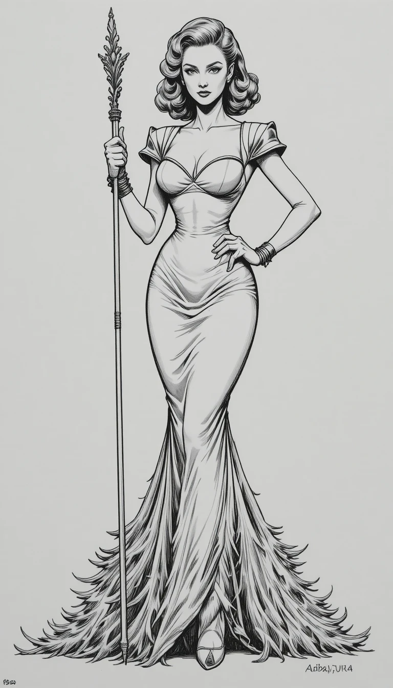 Una hechicera con un bastón en una ilustración de fantasía vintage