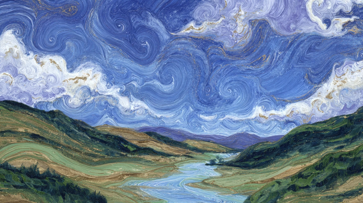 A River Runs Through Green Lowlands Beneath Swirling White Clouds