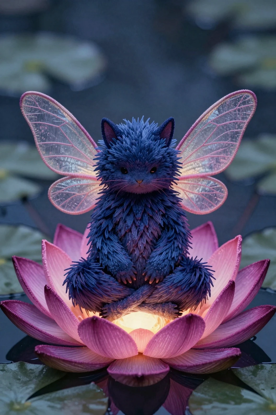 Una chimera medita all'interno di una ninfea gigante e luminosa