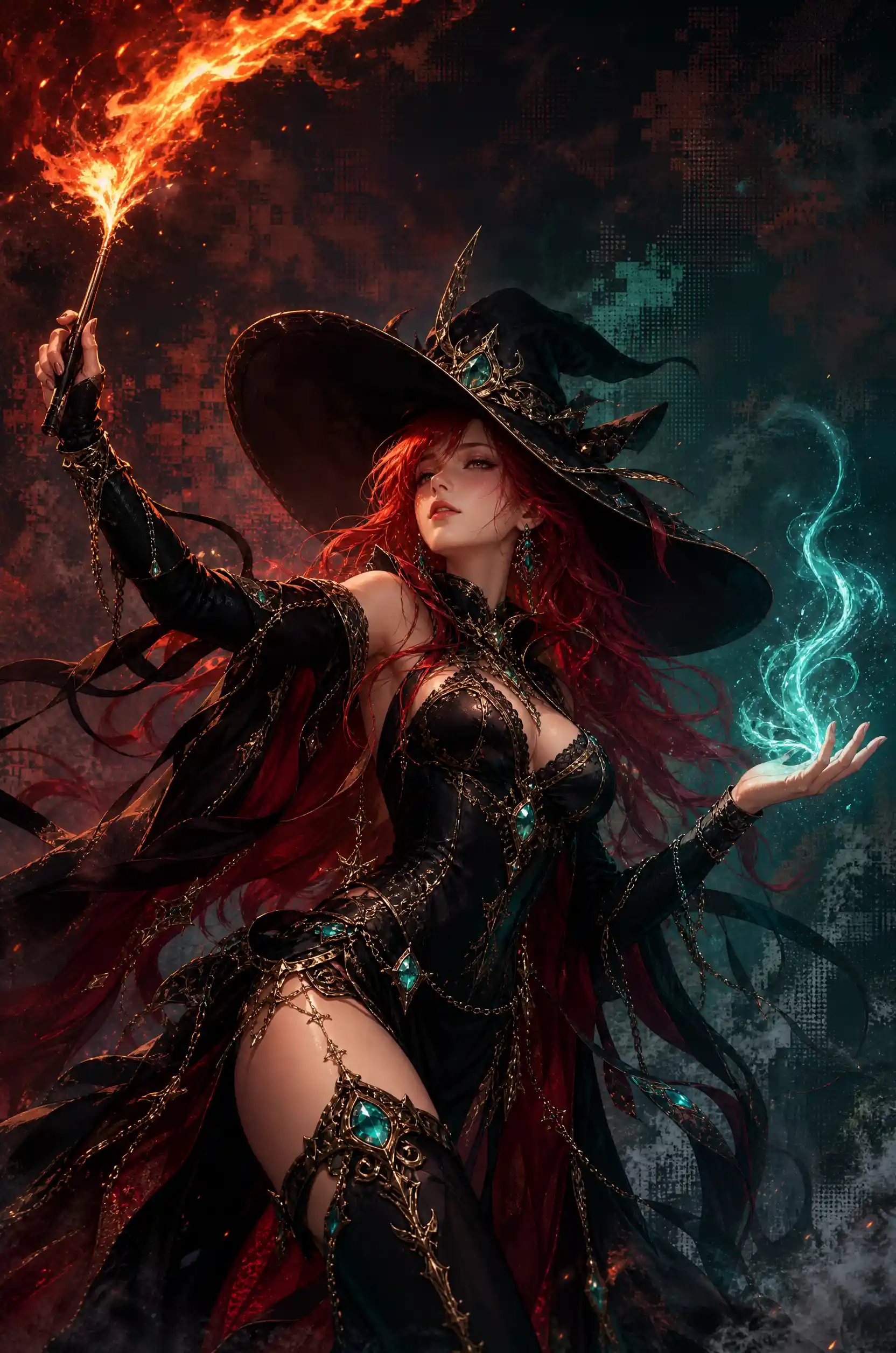 Crimson-Haired Sorceress Casting Fire and Teal Magic in a Knee-Up Portrait