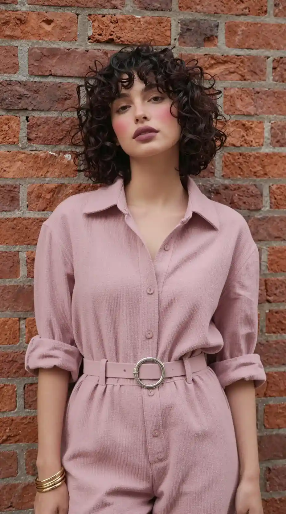 Una donna elegante con un completo rosa con camicia abbottonata e cintura ad anelli argentata