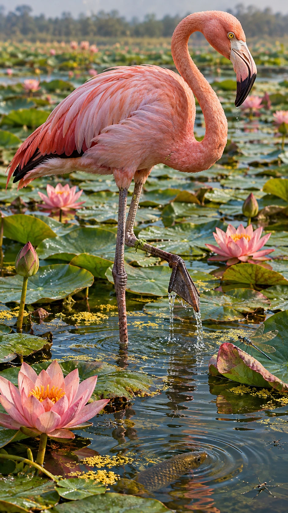 A greater flamingo wades through a pond of floating lotus leaves