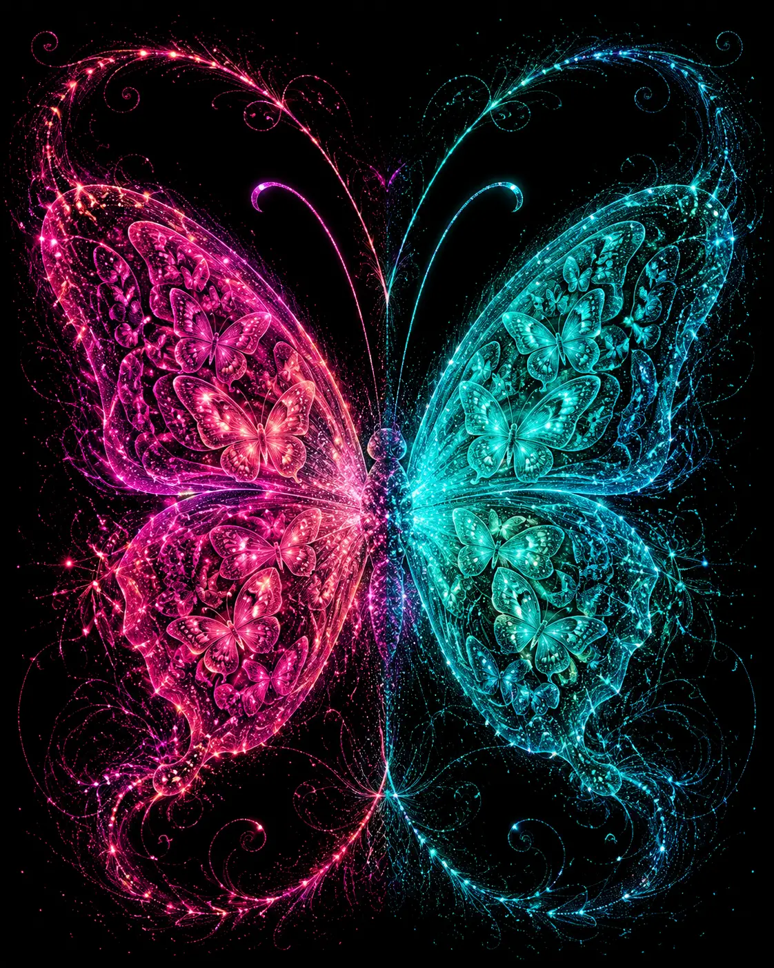 Two Neon Butterflies Hover Amid Recursive Patterns in a Symmetrical Composition