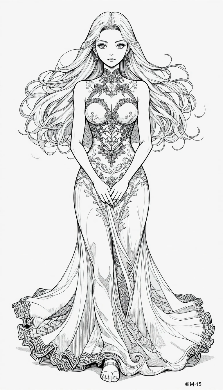 Una mujer de anime con cabello suelto, las manos juntas y un vestido ornamentado